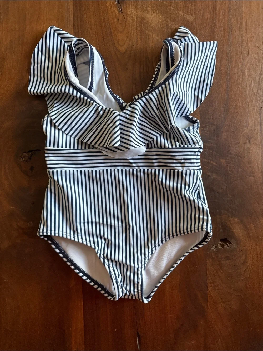 Mommy and Me Navy & White Striped Kids One-Piece Swimsuit - Ruffle Front